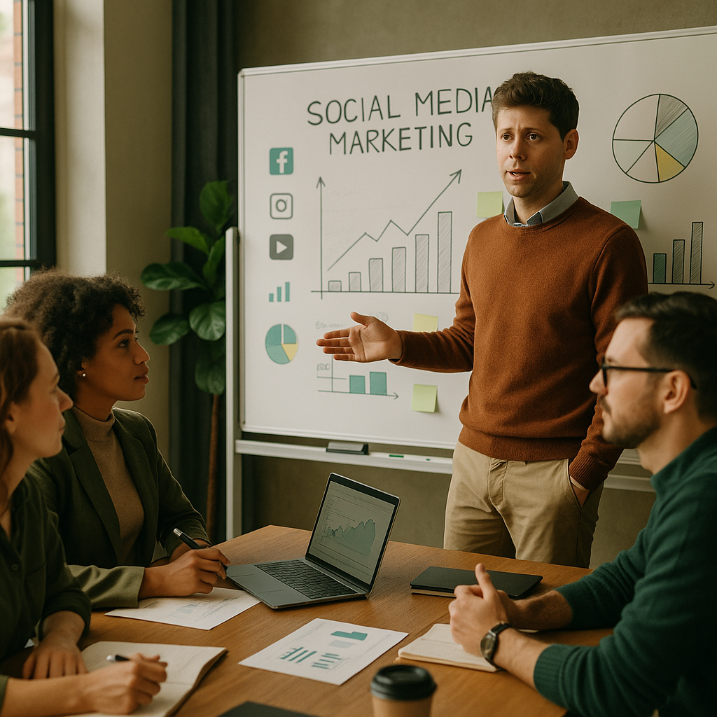 Sam Altman-commentaar op AI-modelmarketing en social media strategie met analytics dashboards en social post-iconen