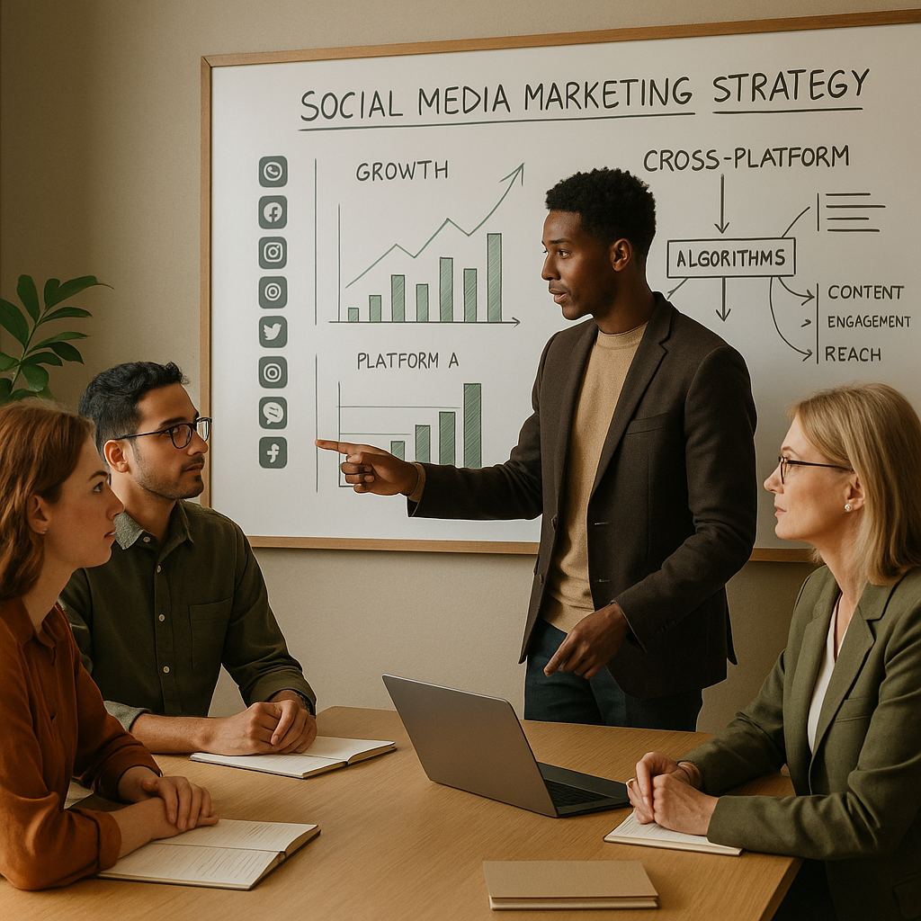 Dashboard mit Ranking-Signalen von Social-Media-Algorithmen über mehrere Netzwerke im Jahr 2026