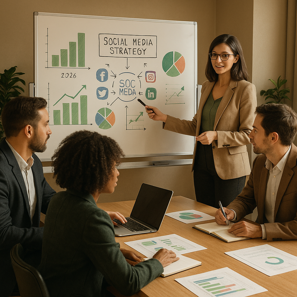 Personen nutzen ein Social-Media-Analytics-Dashboard auf dem Bildschirm