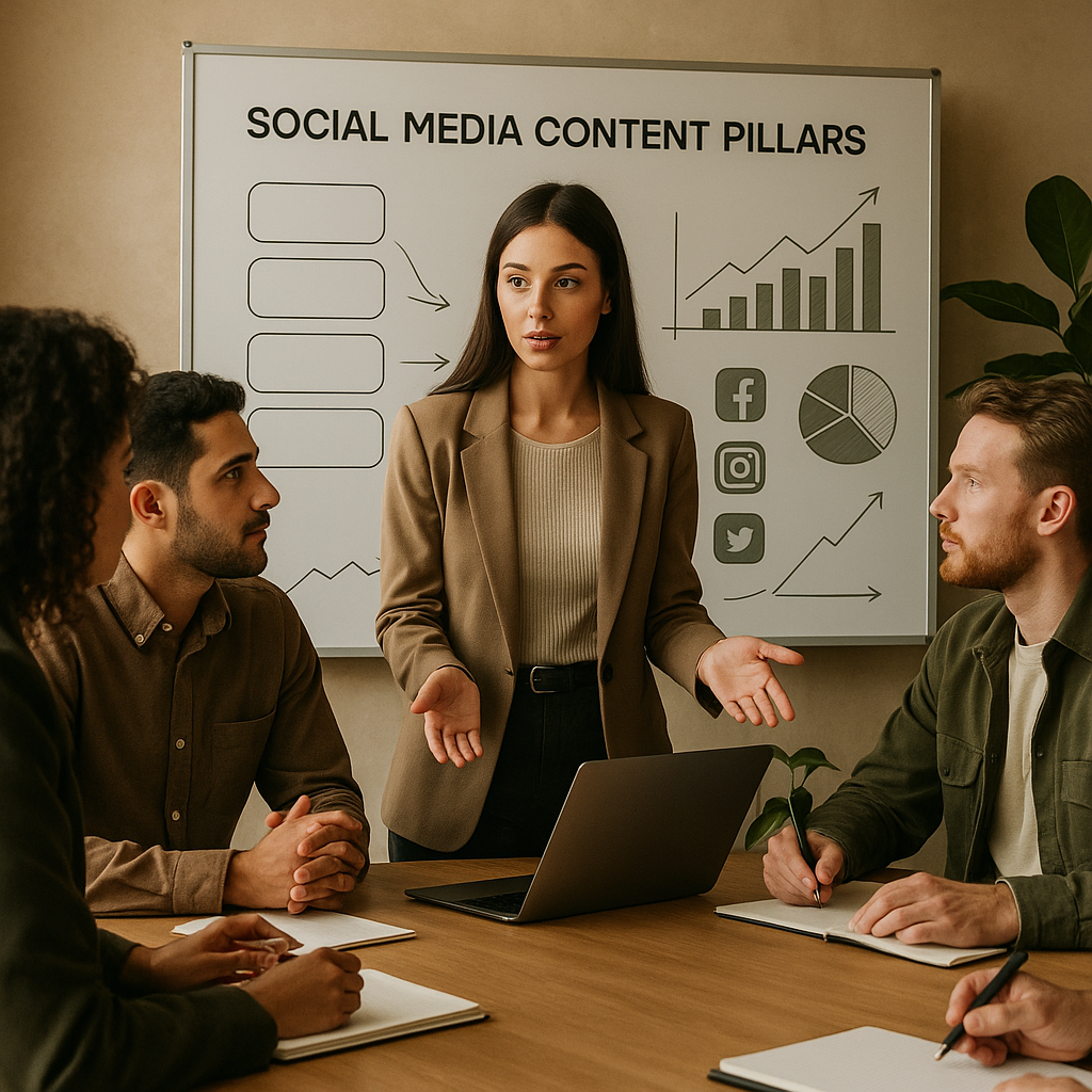 Team plant Social-Media-Content-Pillars auf einer Strategie-Board