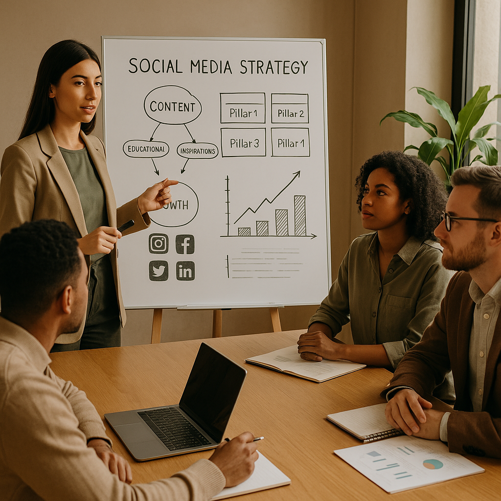 Schéma des social media content pillars appliqués à une stratégie marketing réseaux sociaux en 2026