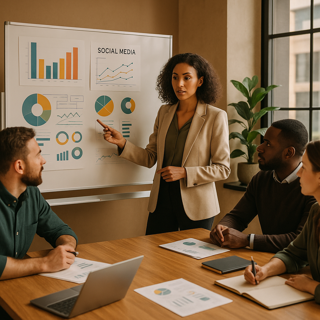 Team plant social media contentpijlers op een strategiebord met contentideeën en campagnedata.