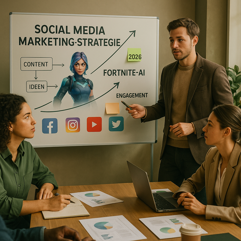 Fortnite-inspirierte KI-Charakter-Oberfläche mit Insights zur Social Media Marketing Strategie