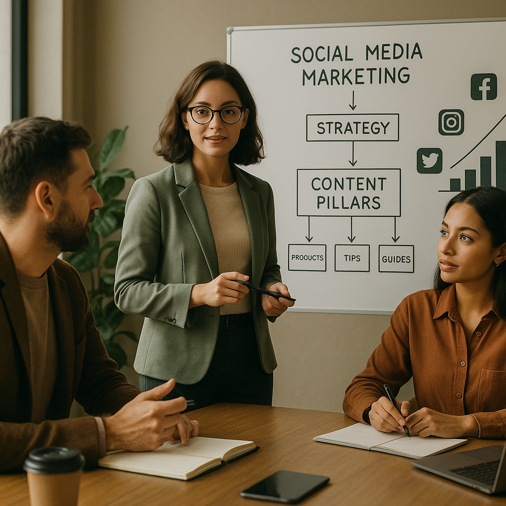 Team plant contentpijlers voor social media op een strategiebord