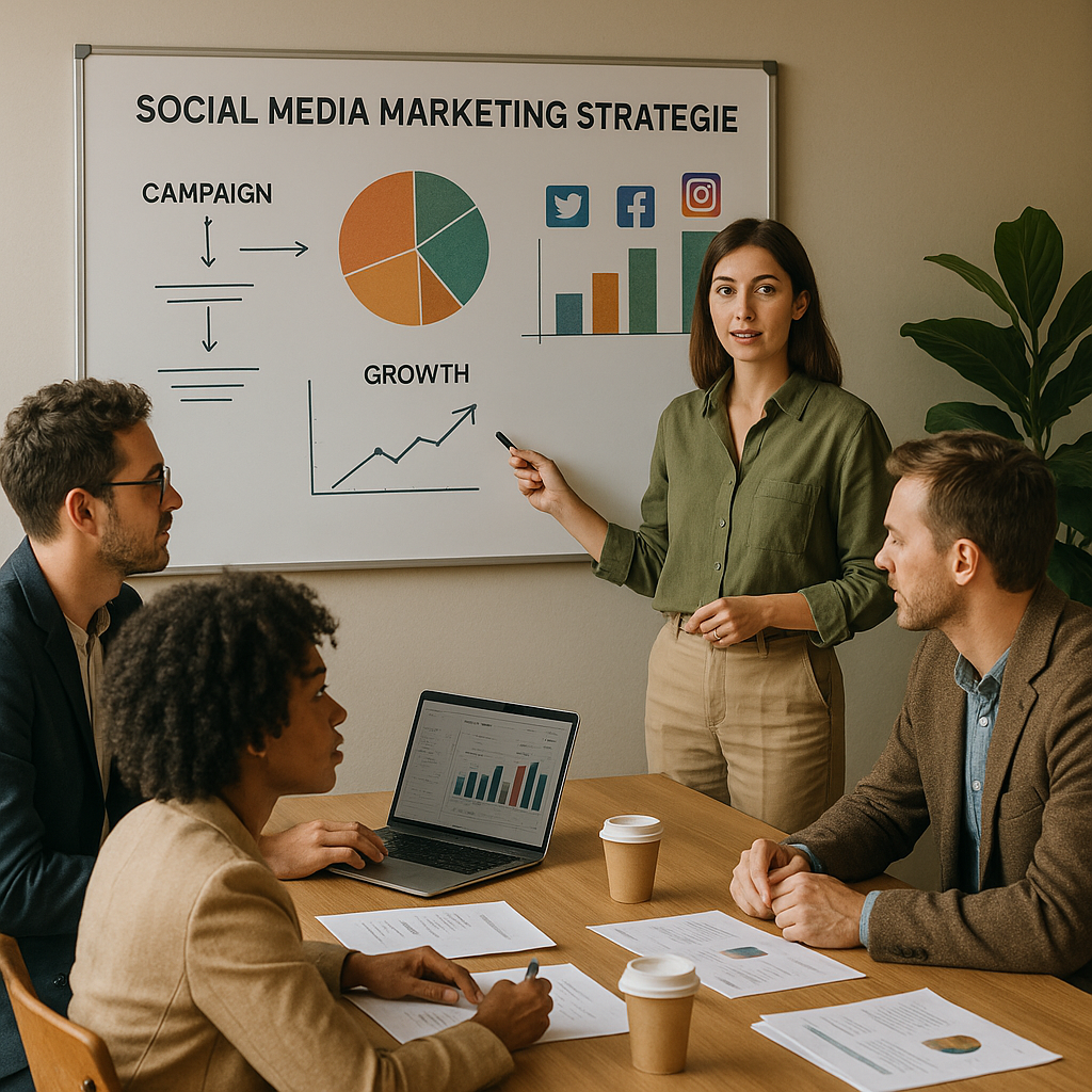 Teamleden bespreken een social media marketing strategie met contentkalenders en analysetabellen