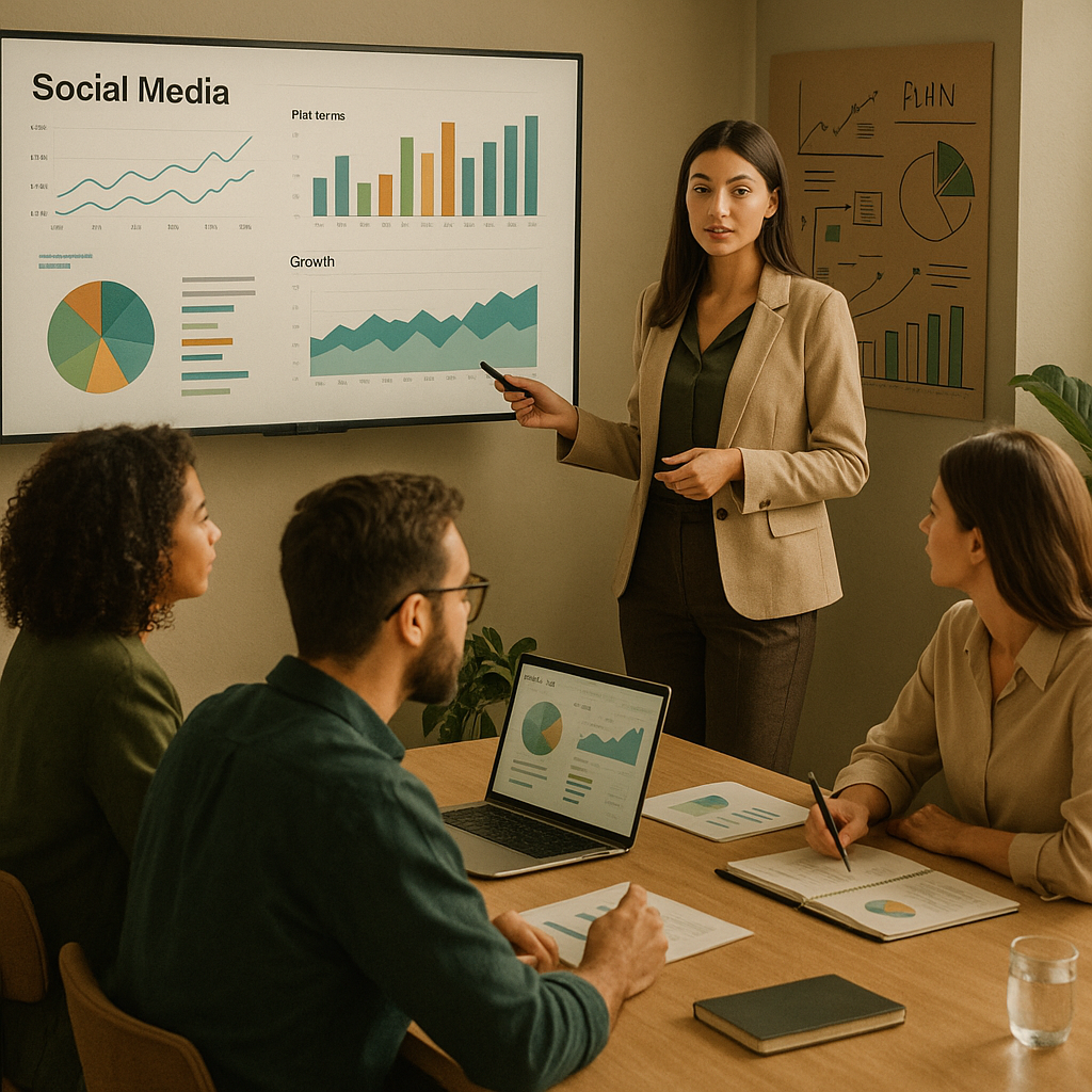 Sosyal medya analitiği metriklerini ve performans grafikleri gösteren panel görünümü