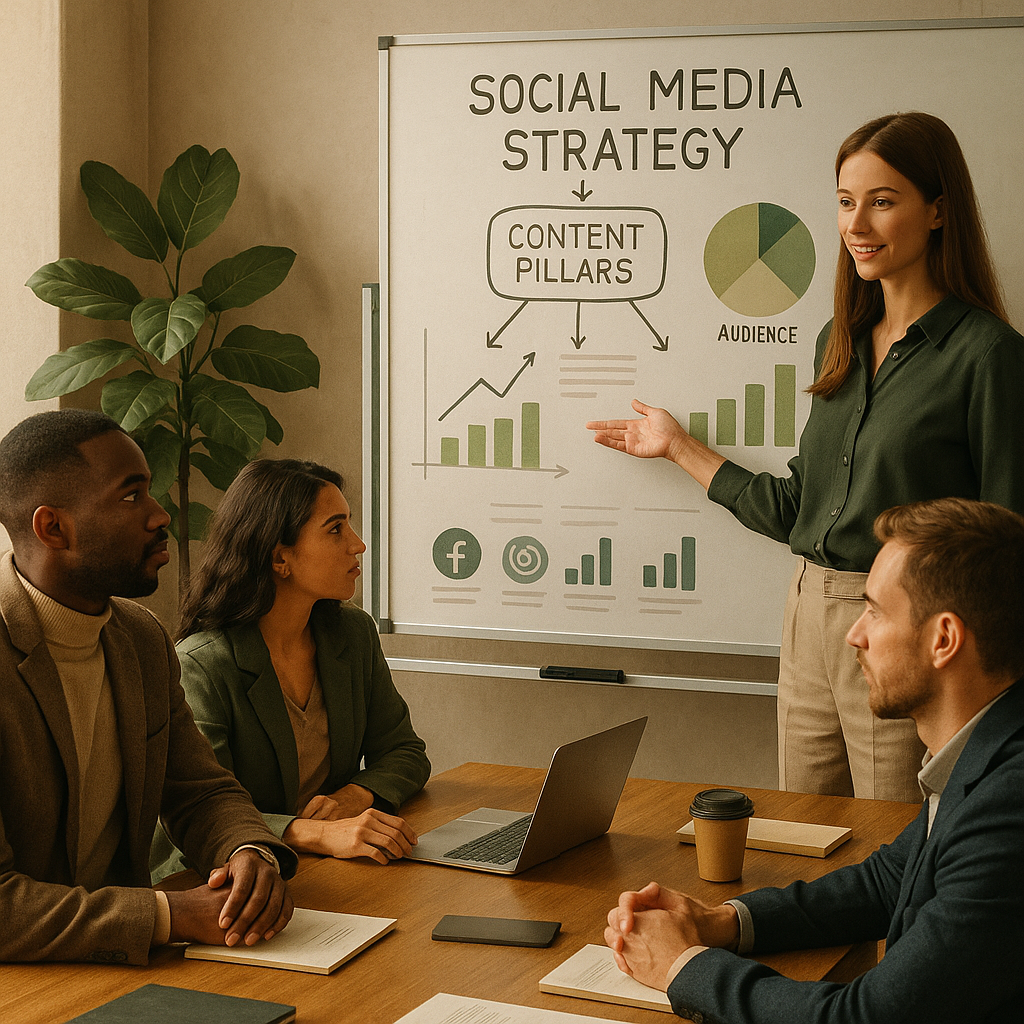 Sosyal medya content pillar yapısını ve içerik planlamasını gösteren modern grafik