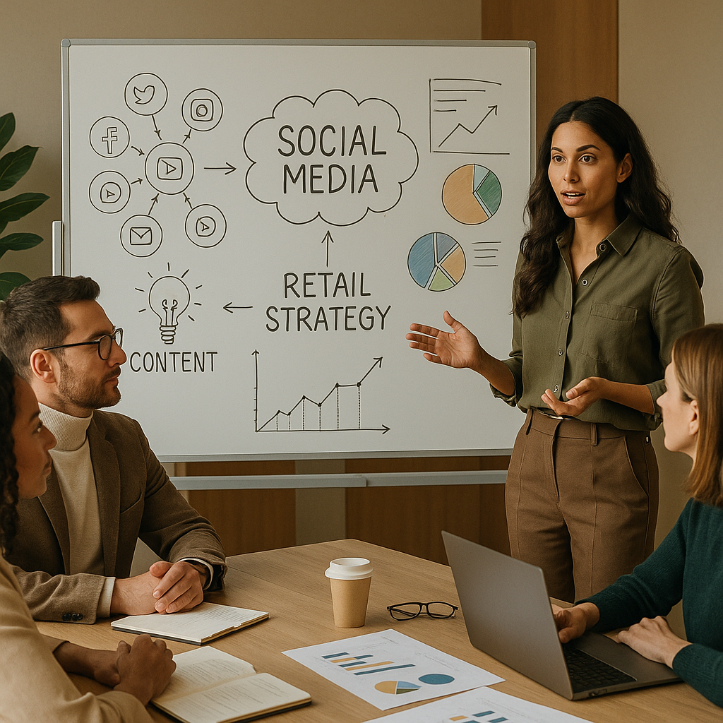 Bir perakende ekibinin dizüstü bilgisayarda creator içerikleri ve ürün hikâyeleştirmesiyle sosyal medya pazarlama stratejisi planlaması