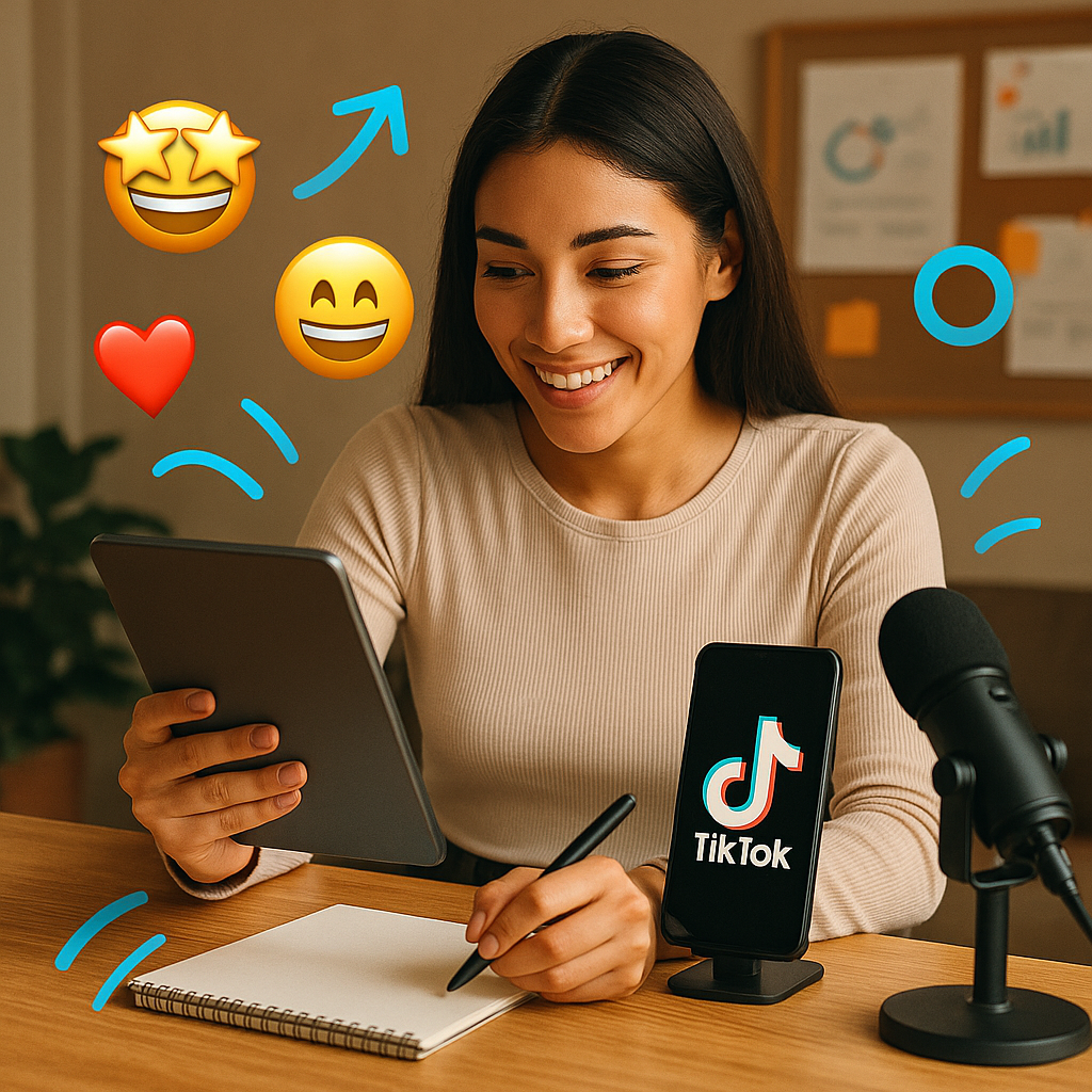 Strategia di crescita TikTok illustrata con esempi di emoji code su uno smartphone