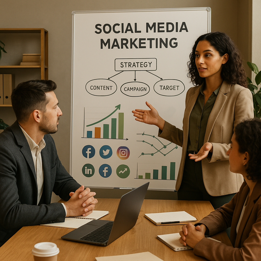 Strategia di answer engine optimization B2B con pianificazione dei contenuti social su un laptop