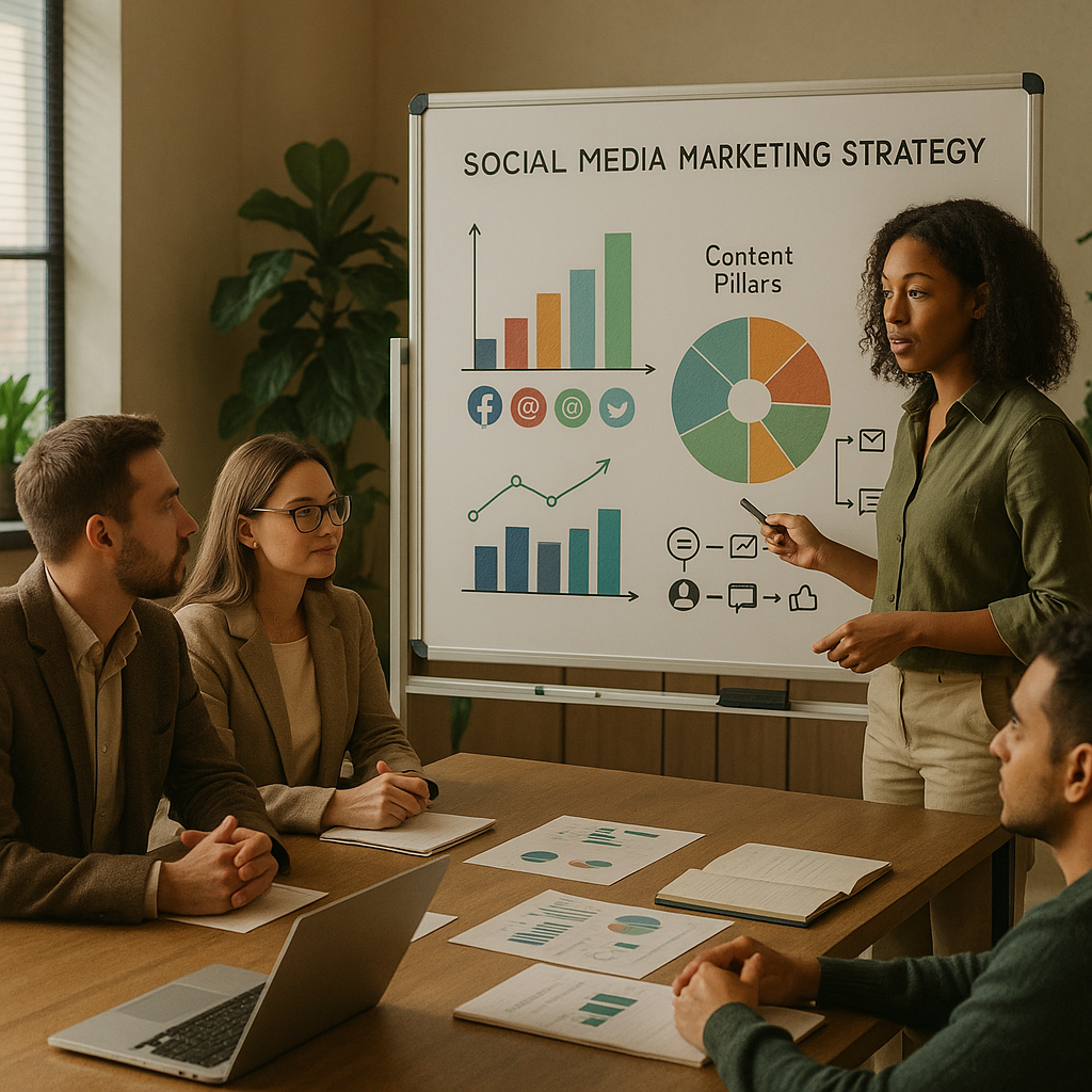 Team che pianifica i content pillar sui social in un calendario editoriale digitale