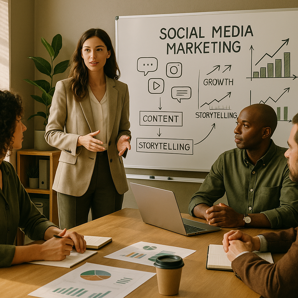 Team retail che pianifica una strategia social media marketing con contenuti creator e storytelling prodotto su un laptop