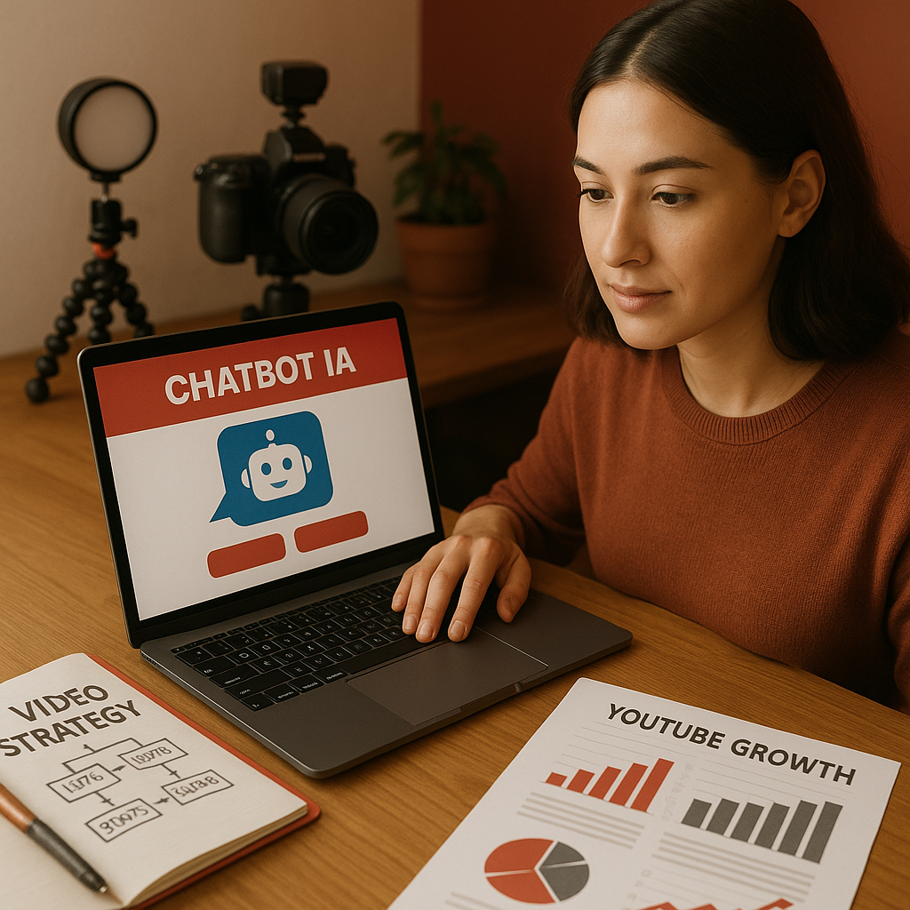 Illustrazione di un chatbot IA che interagisce con i risultati di ricerca di YouTube su uno schermo
