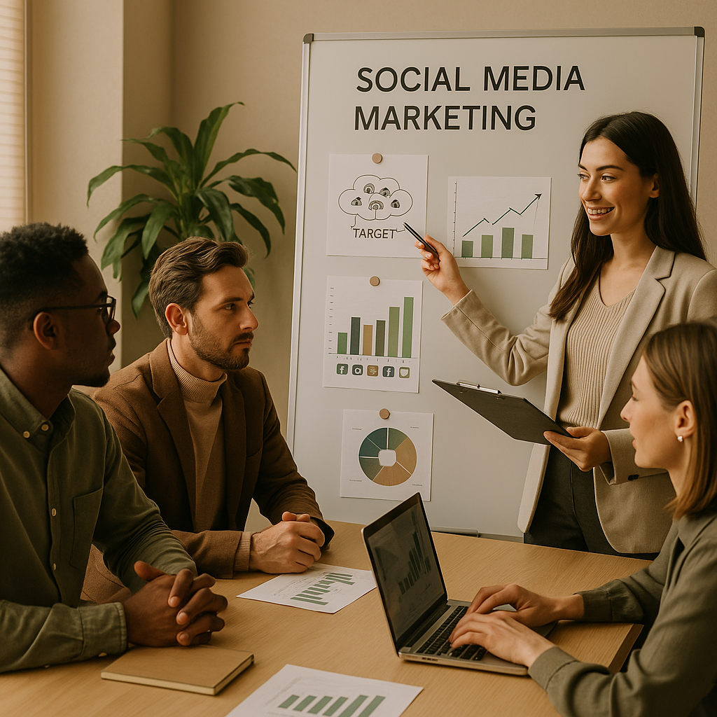 Équipe marketing analysant des signaux de tendances sociales et des idées de campagne sur un tableau de bord