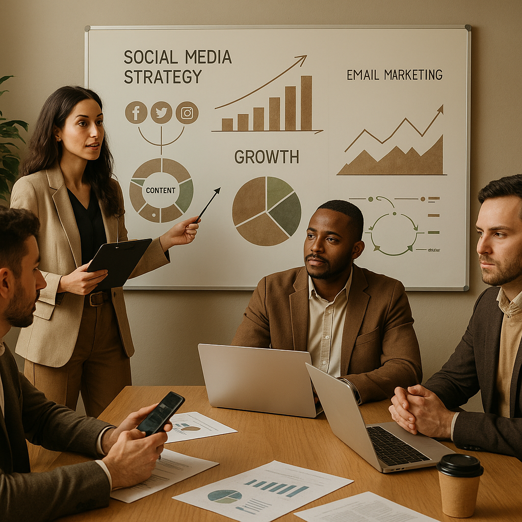 Dashboard di email marketing con analytics delle campagne, automazioni e liste contatti su una scrivania moderna.
