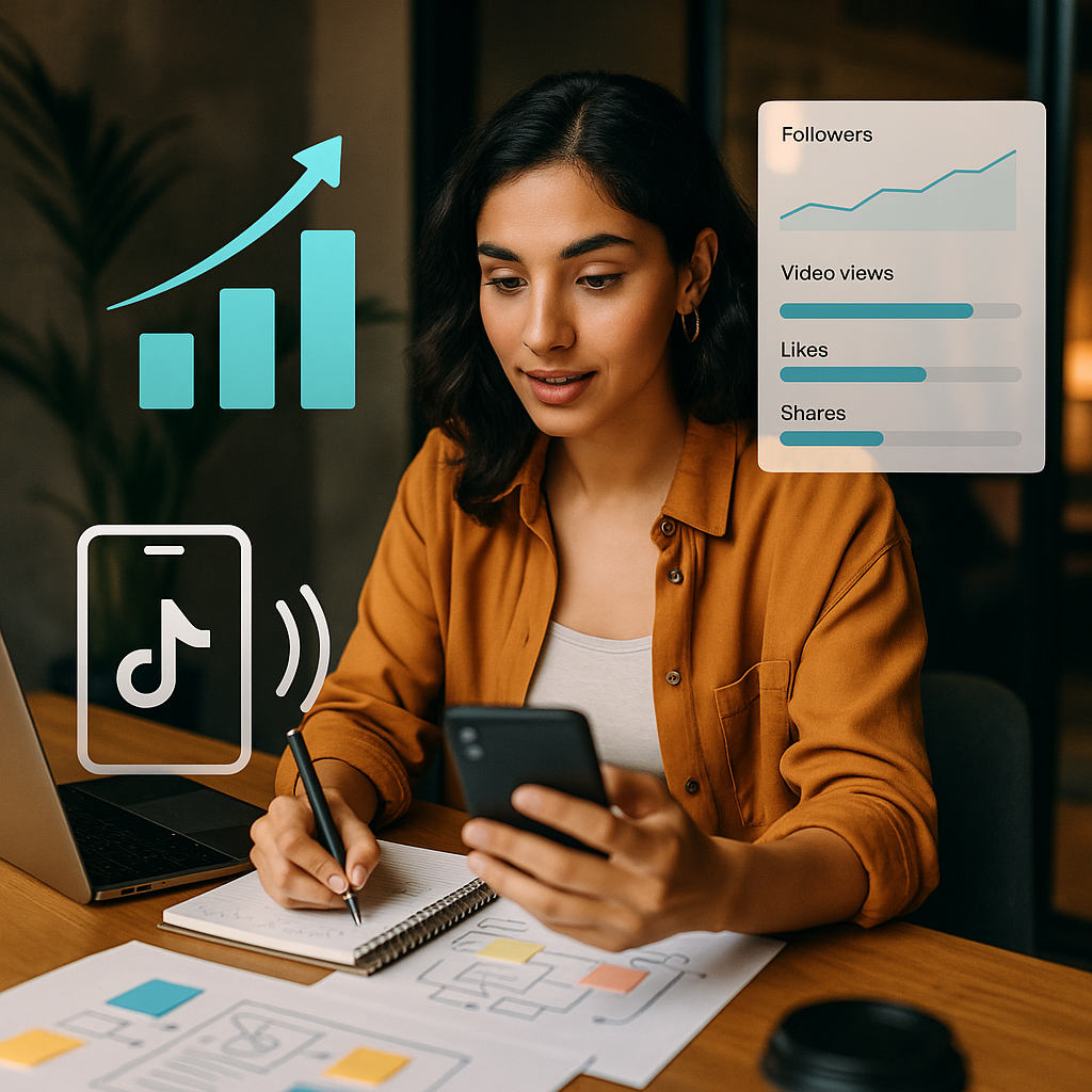 Kleinunternehmerin analysiert TikTok-Statistiken und Content-Performance am Laptop
