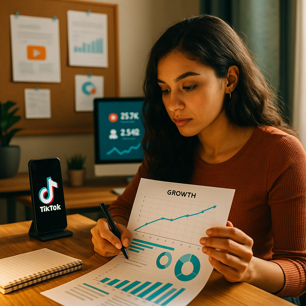 Pequeno empreendedor analisando métricas e desempenho de conteúdo no TikTok em um notebook