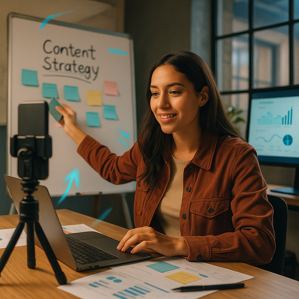 Propietario de una pequeña empresa revisando analíticas y rendimiento de contenido de TikTok en un portátil