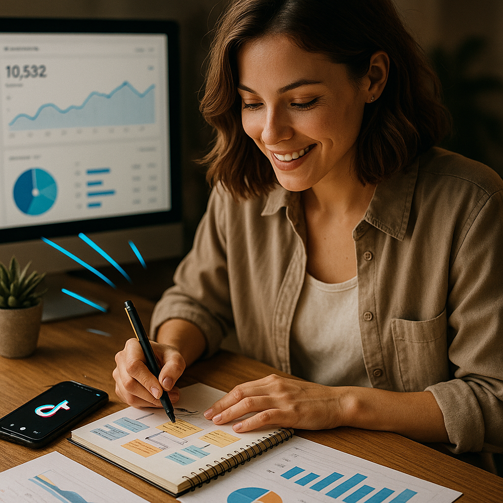 Titolare di una piccola impresa che analizza su laptop le performance dei contenuti e le statistiche TikTok