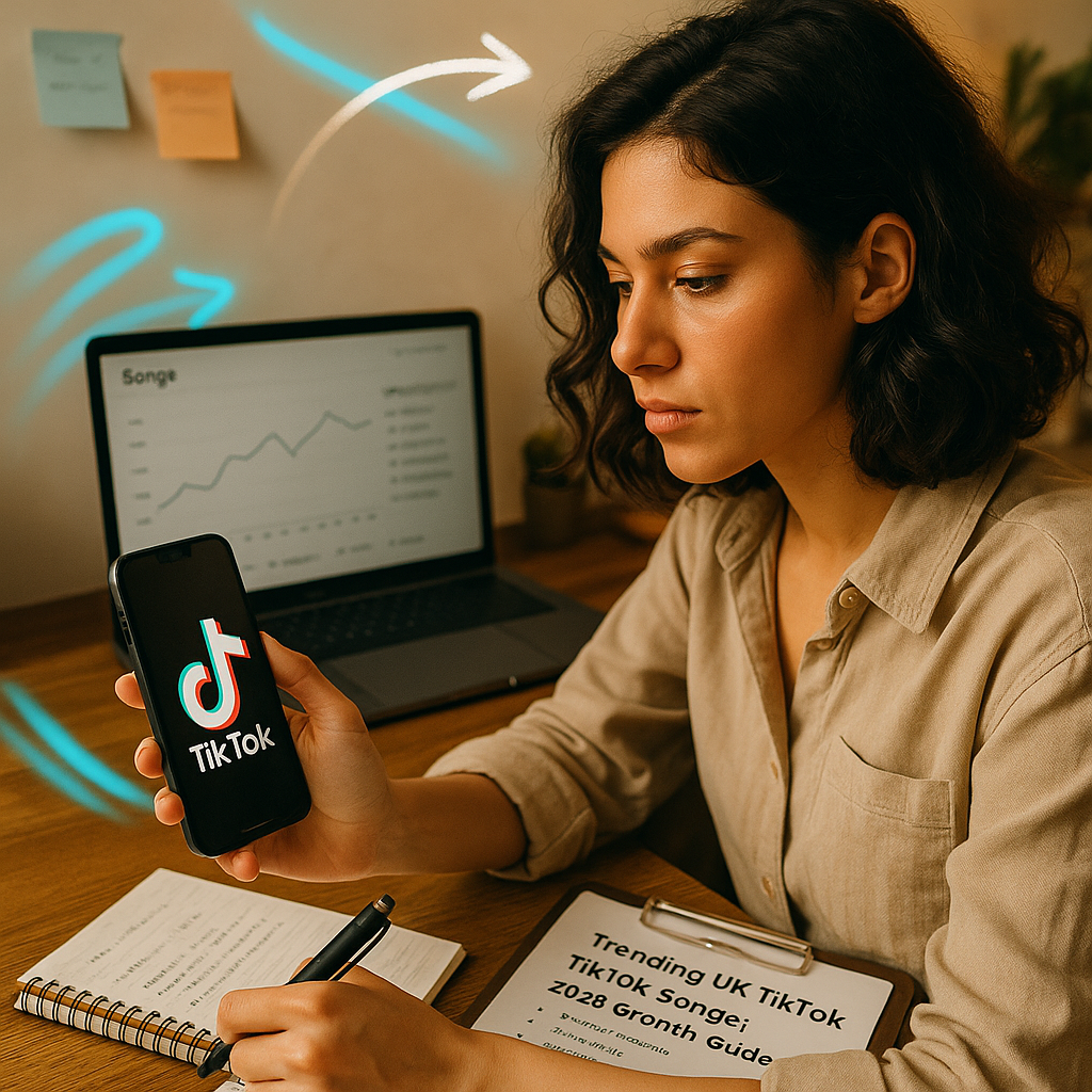 Creator editing a TikTok video while tracking trending UK songs and engagement metrics