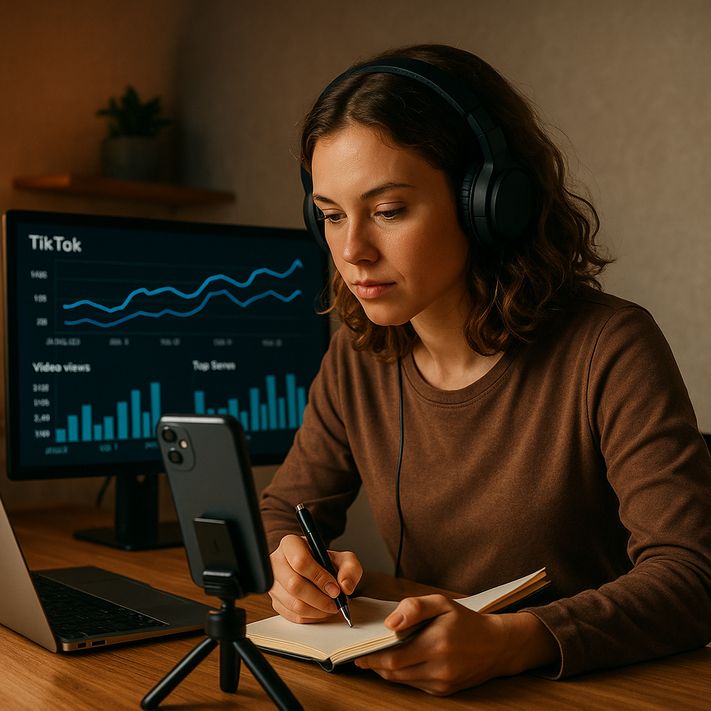 Creator analyzing trending UK TikTok songs and performance data for a TikTok growth strategy