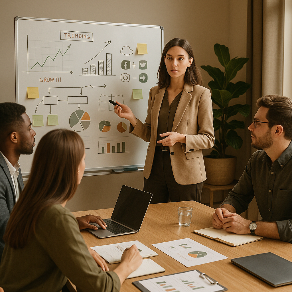 Equipe analisando tendências e planejando trendjacking para estratégia de marketing em redes sociais