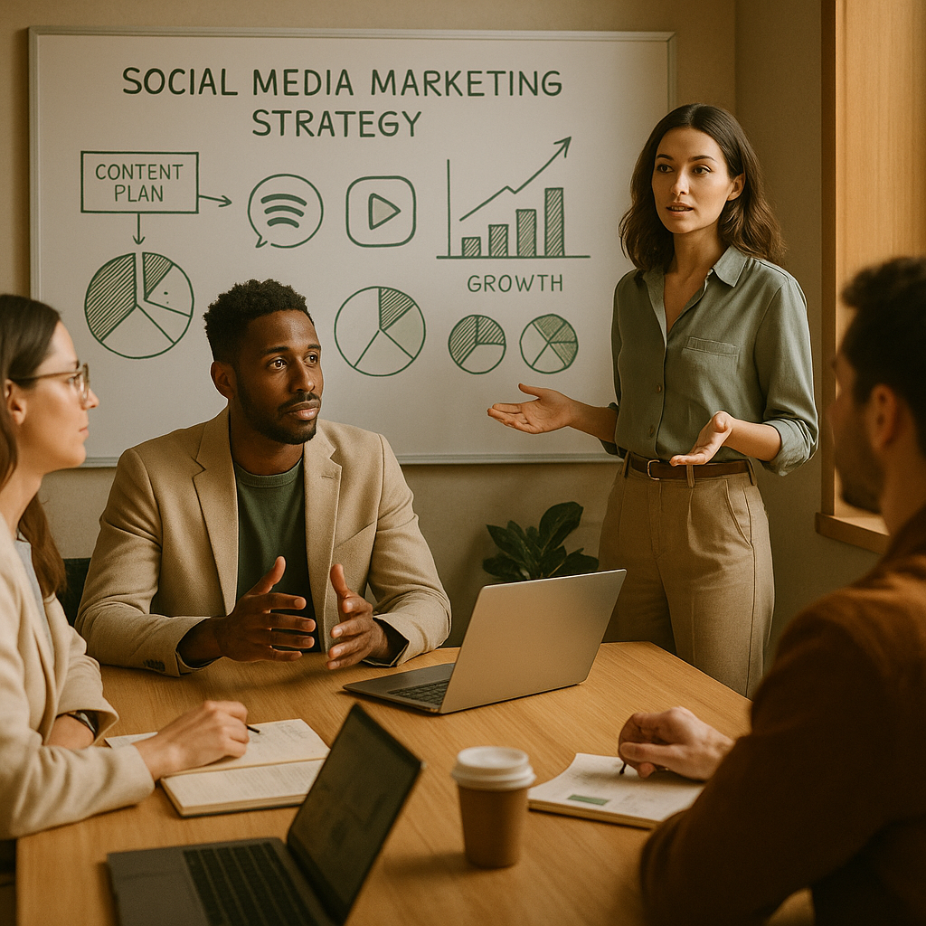 Team planning a trendjacking social media marketing strategy around a trending topic