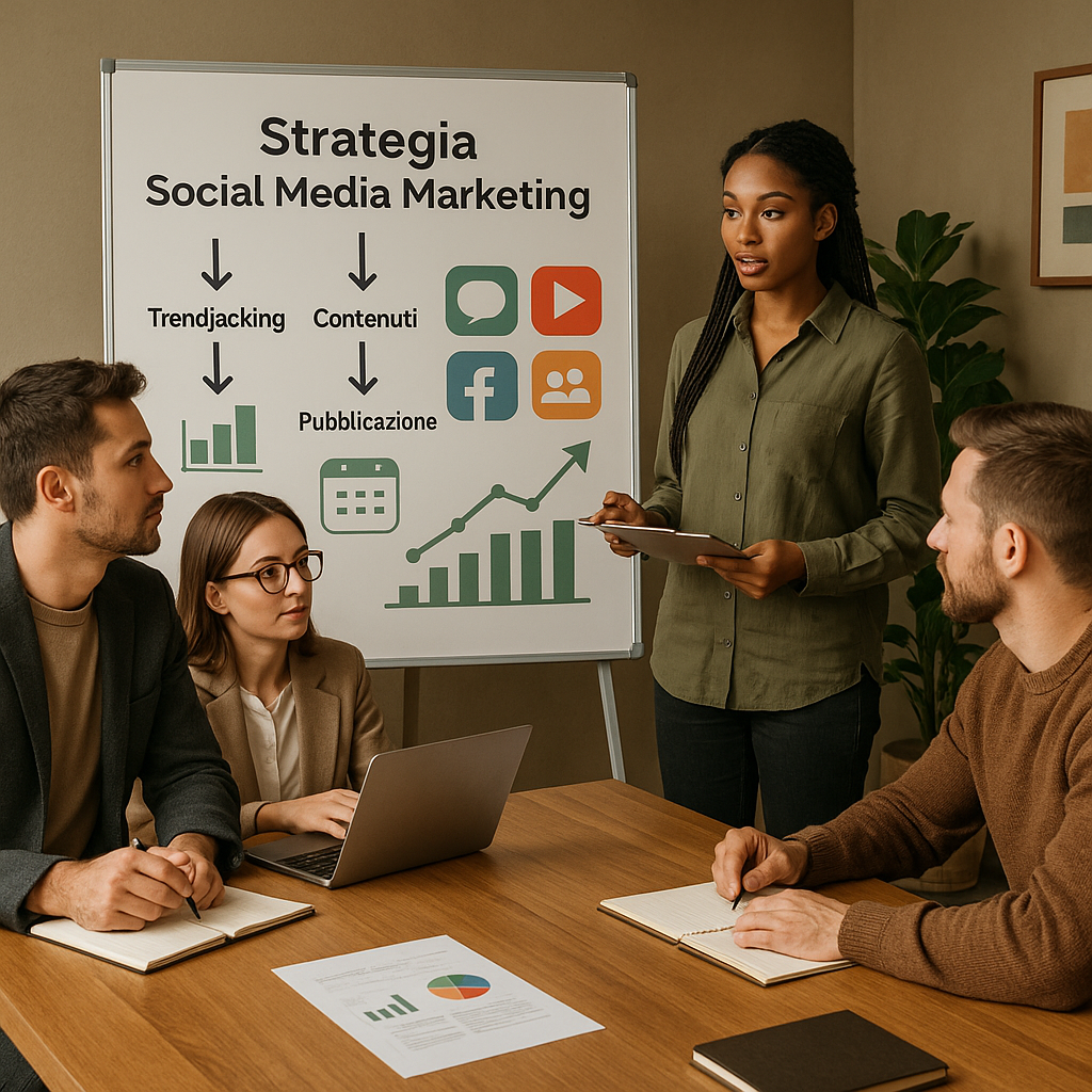 Concetto editoriale con un team social che sceglie un solo trend da seguire invece di inseguire ogni momento virale