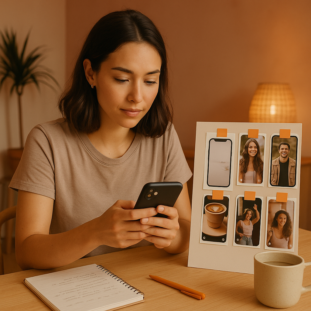 Creador revisando métricas de Instagram y señales de descubrimiento de contenido en un móvil