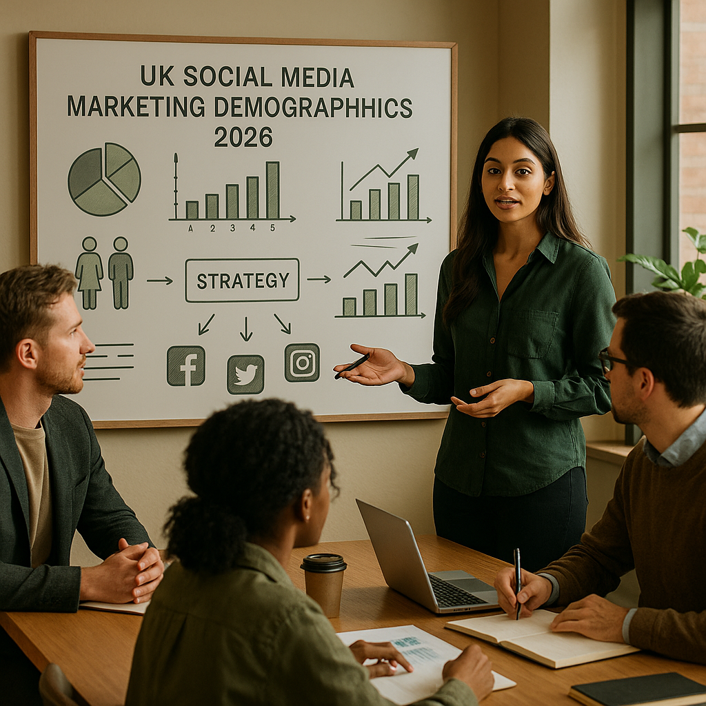 Analyst reviewing UK social media demographics charts on a laptop with platform icons for 2026 strategy planning