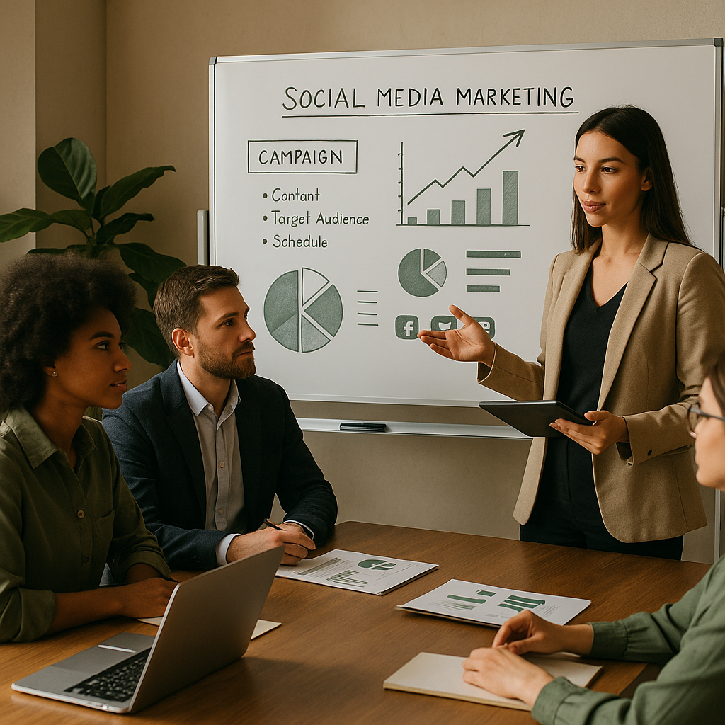 Marketingteam bekijkt social-first AI-resultaten op een dashboard
