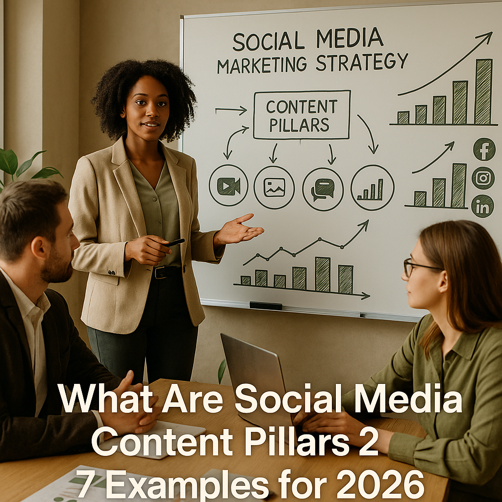 Notebook showing social media content pillars organized into content themes and posting ideas