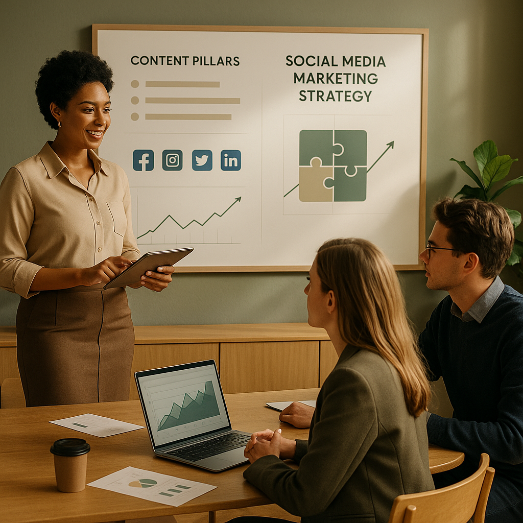 Illustration of stacked pillars representing different content themes for social media