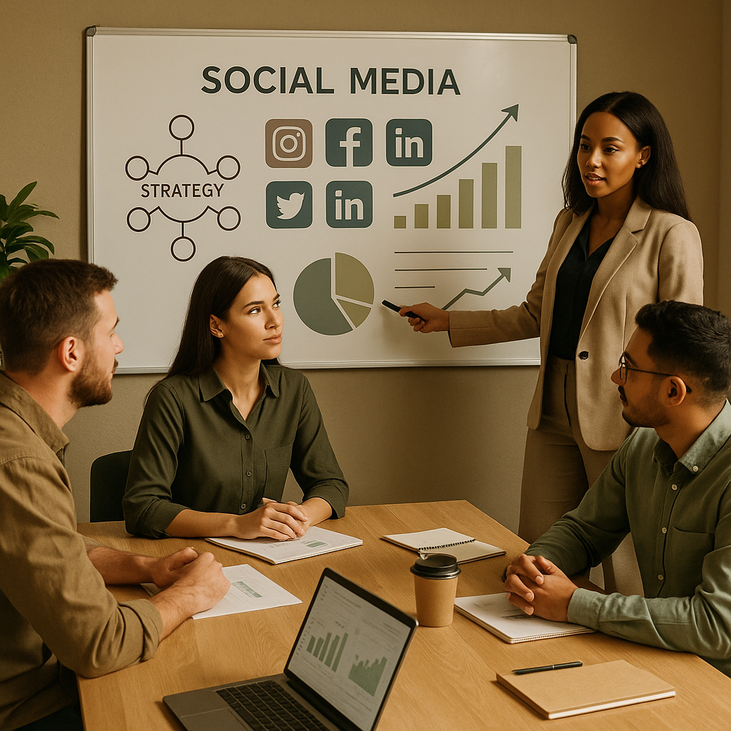 Marketing team reviewing social-first AI outputs on a dashboard
