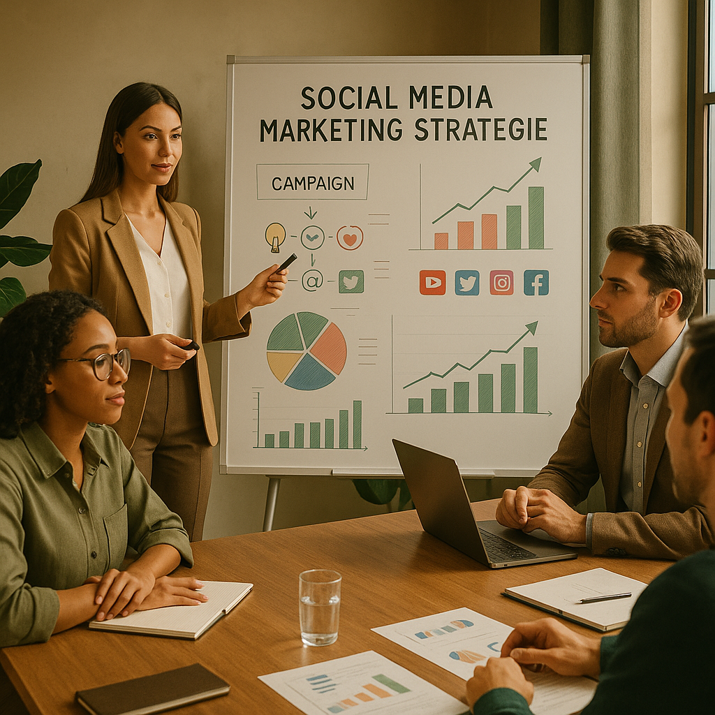 Team koordiniert Social-Media-Plan auf Monitoren und Notizbüchern