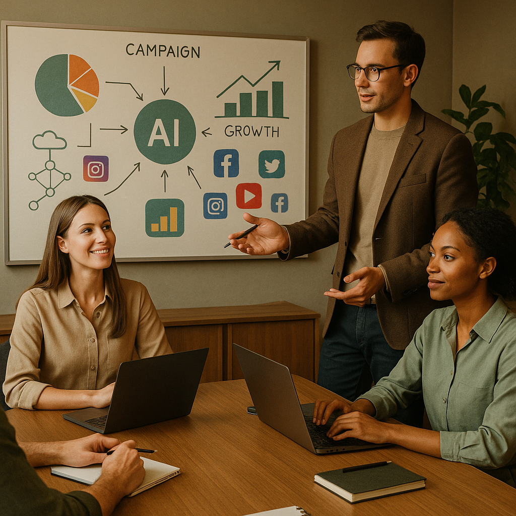 Illustration von KI-Agenten, die Social-Media-Manager unterstützen