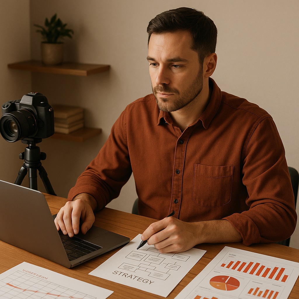 Creator die YouTube deepfake-verwijderingstools bekijkt op een laptopscherm