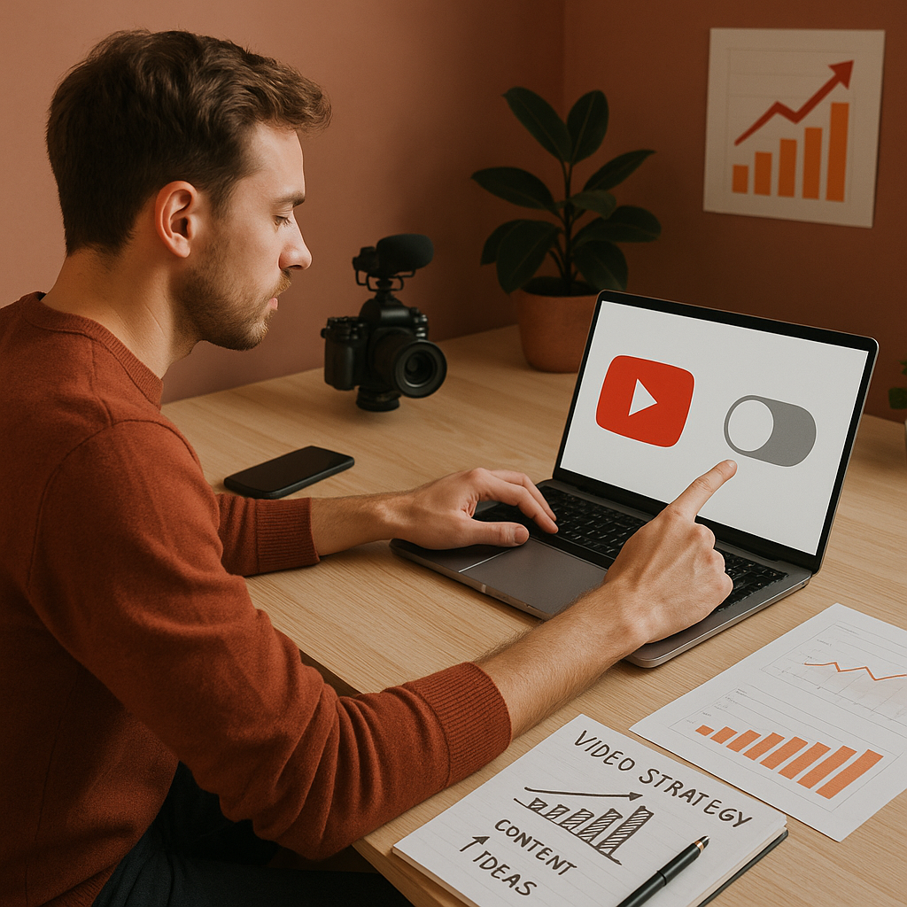 Interfaccia mobile di YouTube con controlli del feed Shorts e analytics creator su sfondo scuro pulito