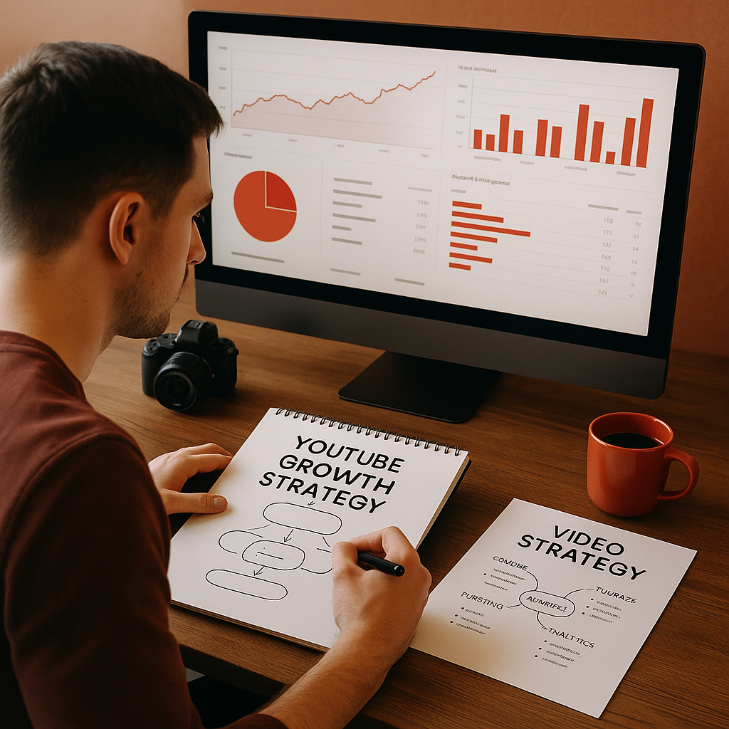 YouTube creator analytics and Demand Gen campaign performance dashboard on a laptop screen