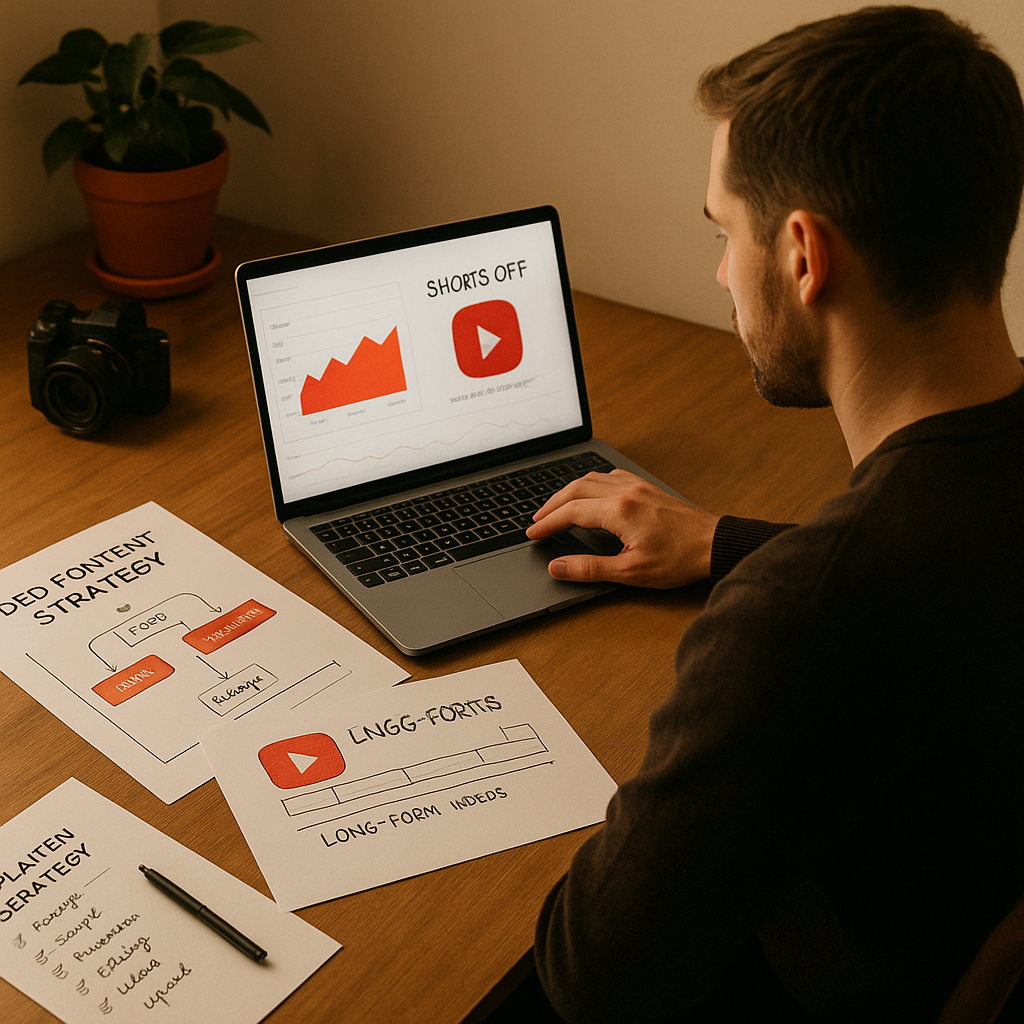 Mobile YouTube-Oberfläche mit Shorts-Feed-Steuerung und Creator-Analytics auf dunklem, cleanem Hintergrund