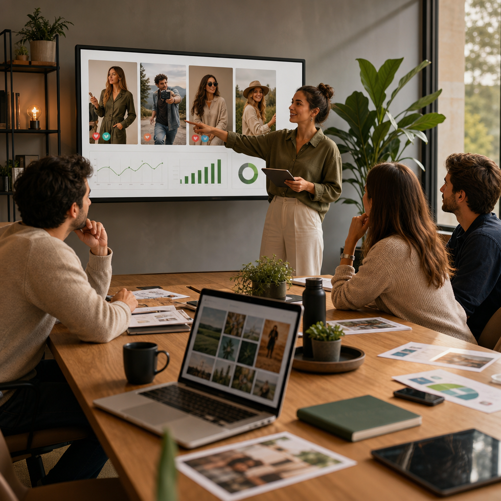 Team dat een social media marketing strategie voor een influencercampagne plant op een laptopscherm