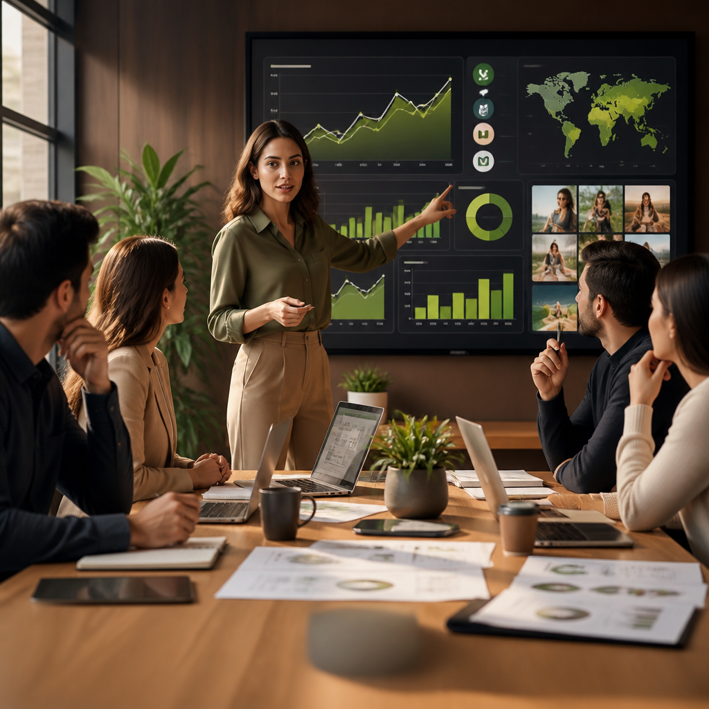 Analista revisando métricas de marketing em redes sociais em várias telas