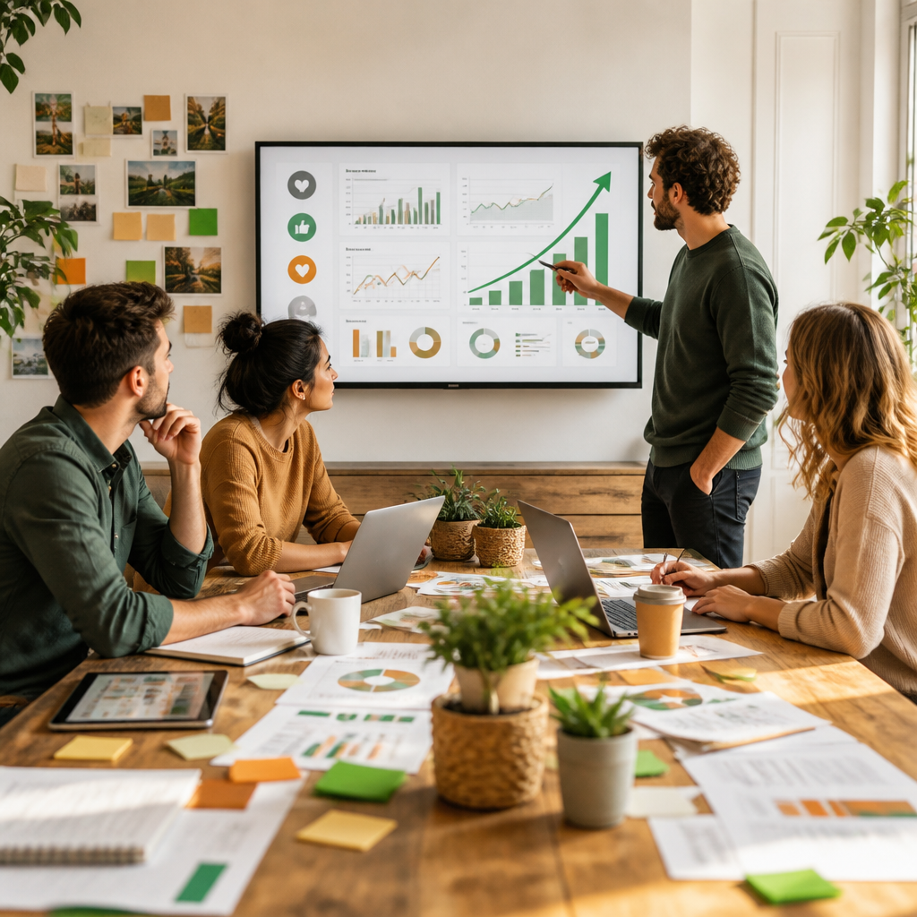 Arbeitsplatz mit Social-Media-Analytik und Content-Tools auf dem Bildschirm