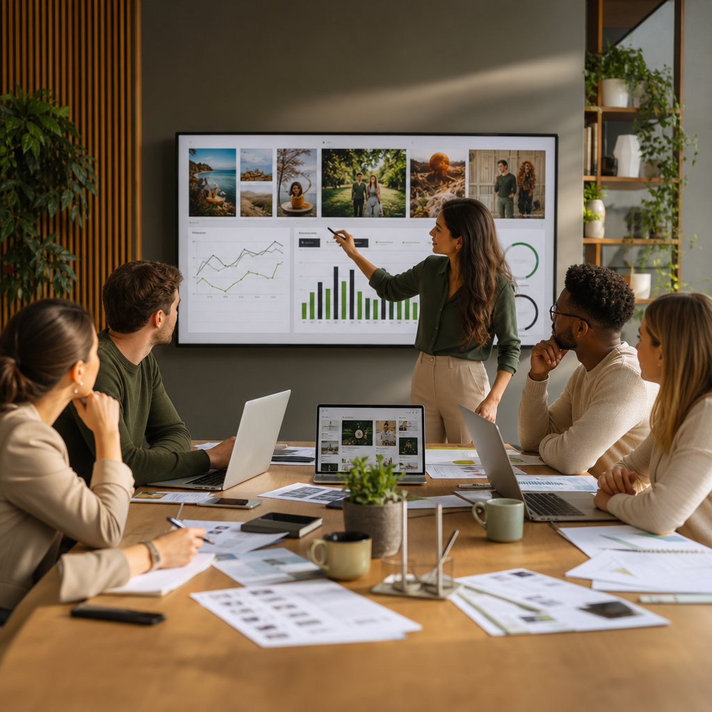 Équipe analysant des tableaux de bord de social intelligence et des insights audience dans un espace de travail moderne