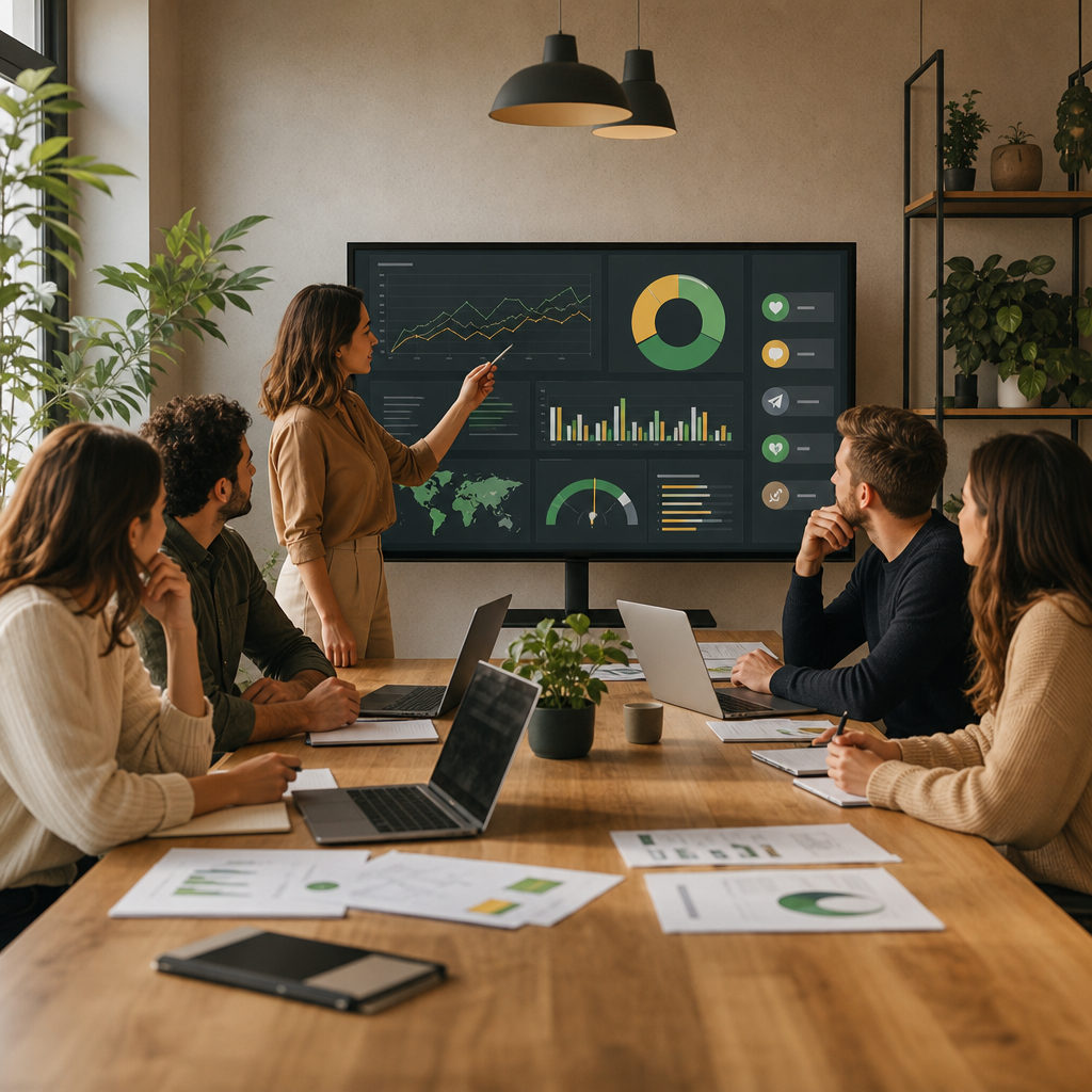 Team che analizza dashboard di social intelligence e audience insights in un ufficio moderno