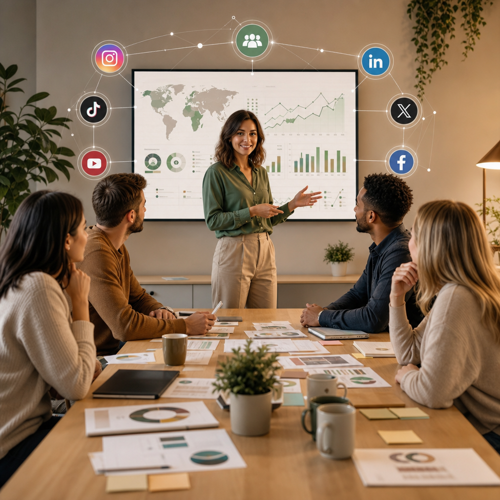 Team reviewing social media intelligence dashboards and audience insights in a modern workspace