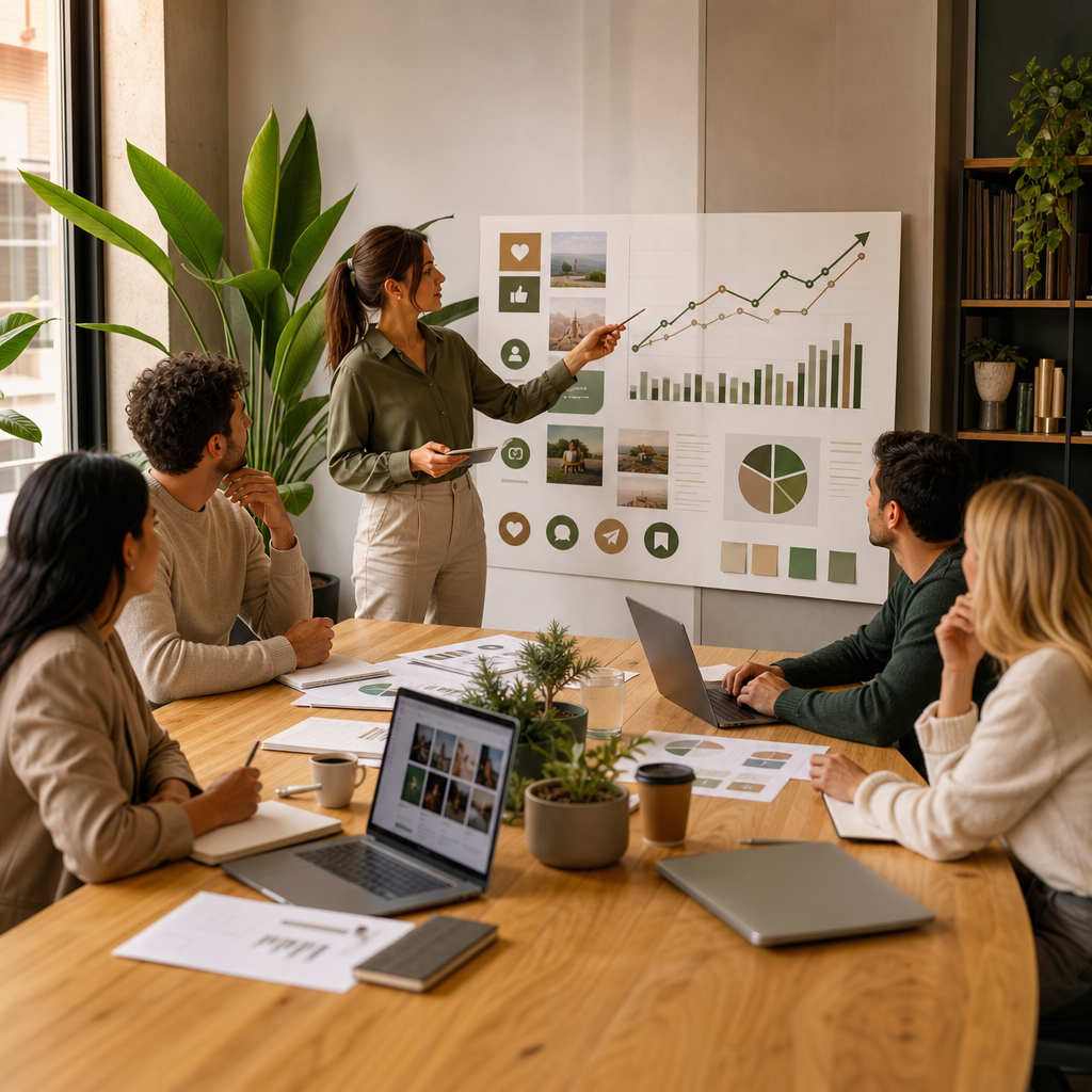 Team plant een social media workflow met kalenders, goedkeuringen en contenttemplates op een laptopscherm