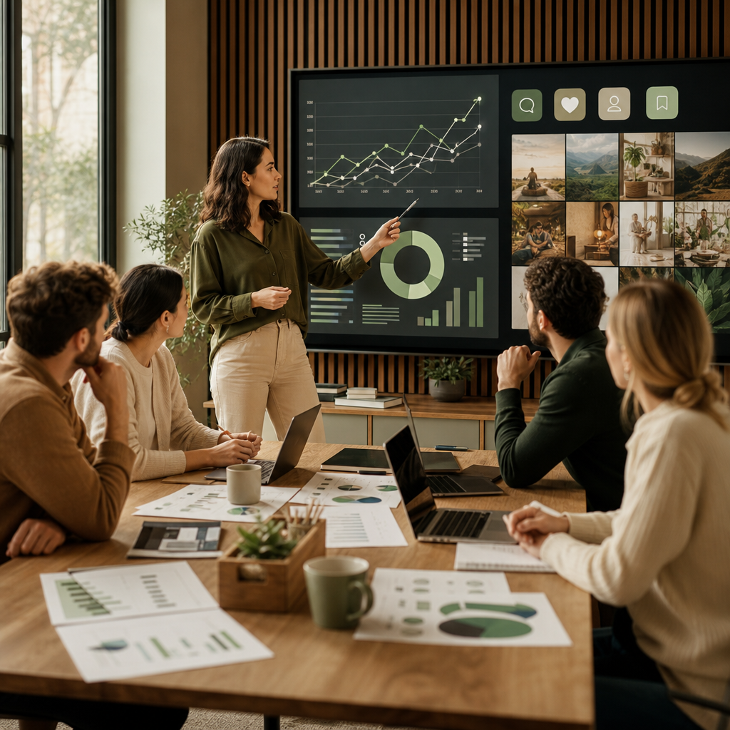 Team marketing che analizza i risultati dell’AEO prompt tracking su una dashboard per la strategia social media marketing