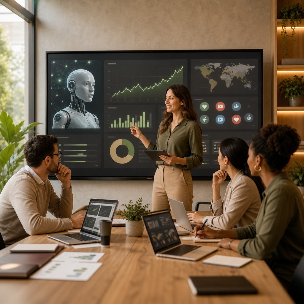 Marketing team reviewing AI-assisted social media analytics and content ideas