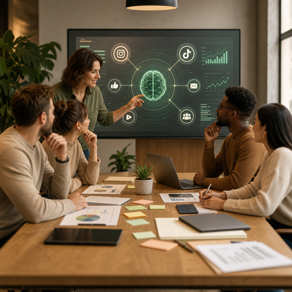 Illustration von AI Max mit Analyse- und Kampagnenkontrollen auf einem modernen Dashboard